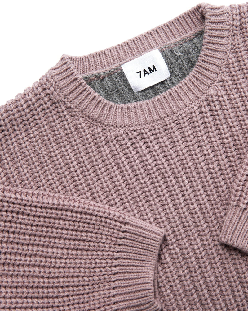 7AM - Long Sleeve Boxy Sweater - Chunky Mother & Baby Black Melange, Brown 6 - 12M