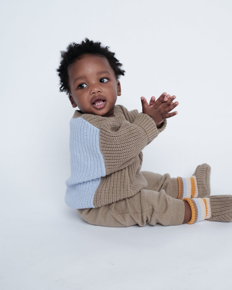 7AM - Long Sleeve Boxy Sweater - Chunky Mother & Baby Ecru, Pearl Grey 6 - 12M