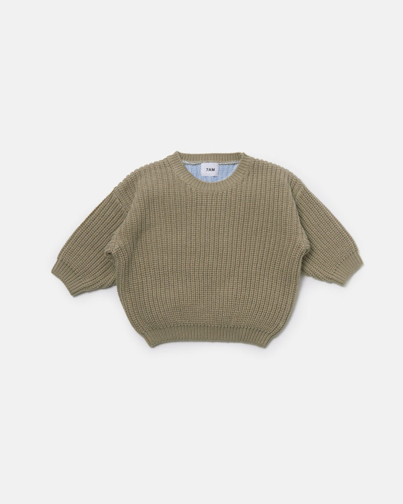 7AM - Long Sleeve Boxy Sweater - Chunky Mother & Baby Ecru, Pearl Grey 6 - 12M