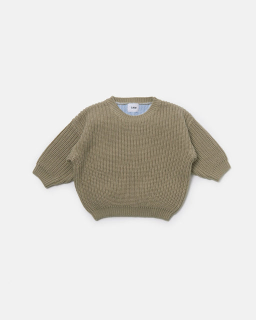 7AM - Long Sleeve Boxy Sweater - Chunky Mother & Baby Ecru, Pearl Grey 6 - 12M