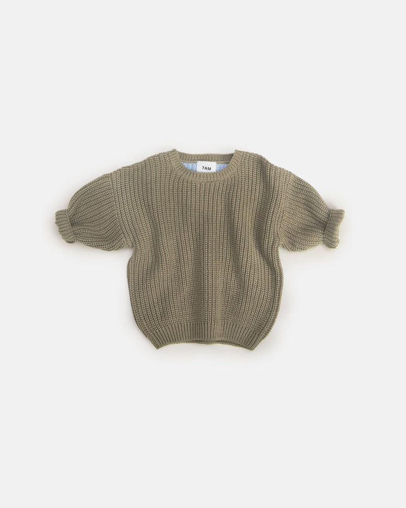 7AM - Long Sleeve Boxy Sweater - Chunky Mother & Baby Ecru, Pearl Grey 6 - 12M