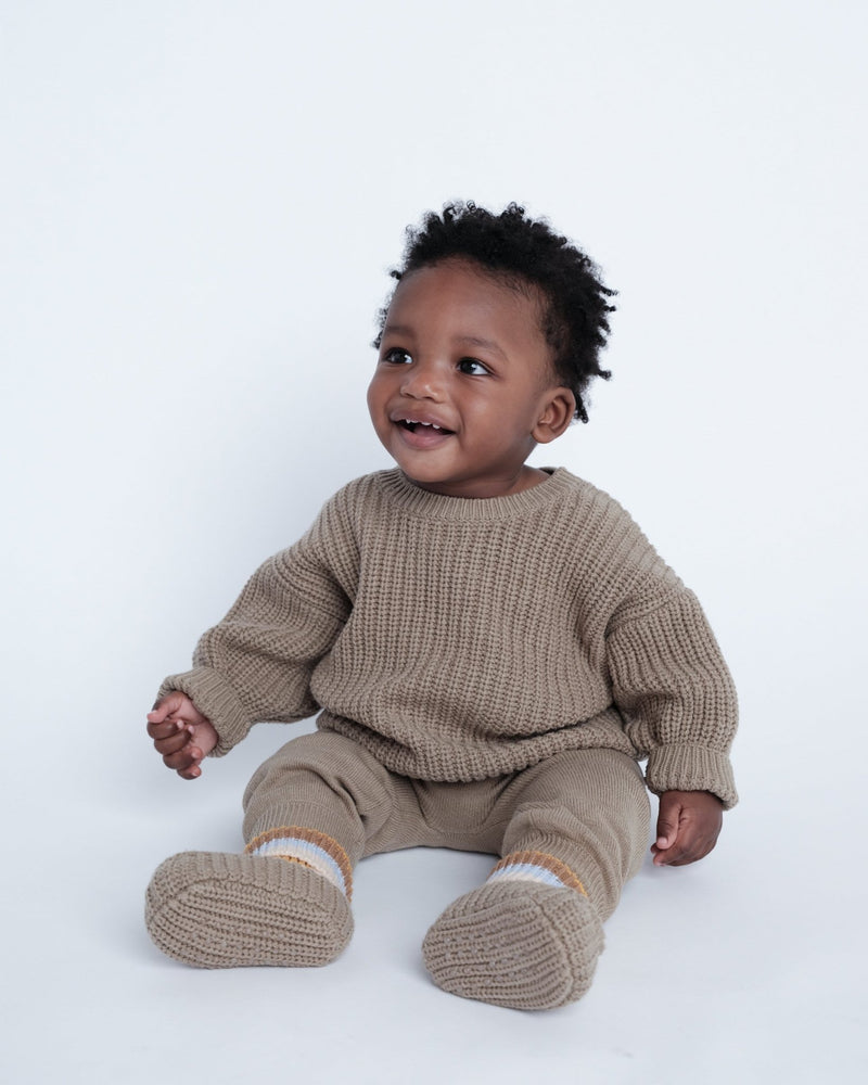 7AM - Long Sleeve Boxy Sweater - Chunky Mother & Baby Ecru, Pearl Grey 6 - 12M