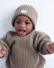 7AM - Long Sleeve Boxy Sweater - Chunky Mother & Baby Olive, Blue 6 - 12M