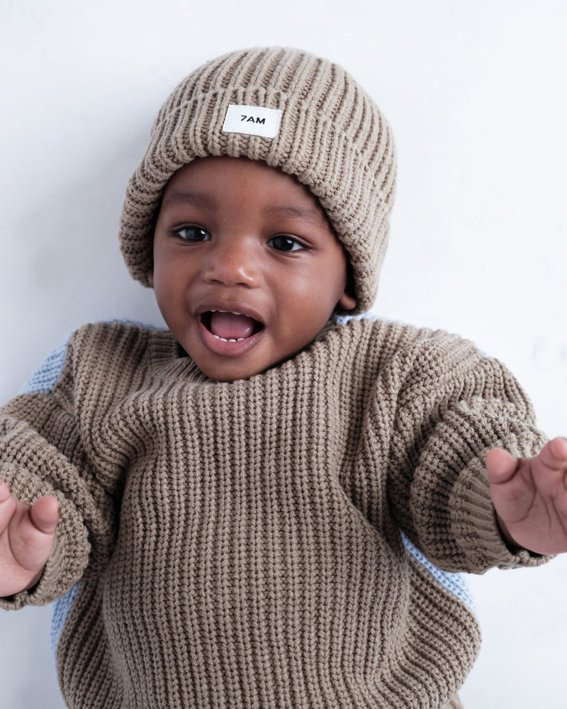 7AM - Long Sleeve Boxy Sweater - Chunky Mother & Baby Olive, Blue 6 - 12M