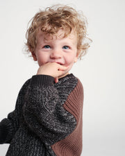 7AM - Long Sleeve Boxy Sweater - Chunky Mother & Baby Olive, Blue 6 - 12M