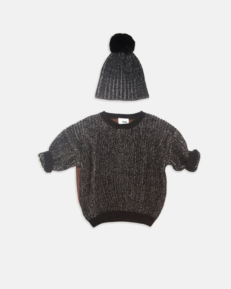 7AM - Long Sleeve Boxy Sweater - Chunky Mother & Baby Olive, Blue 6 - 12M