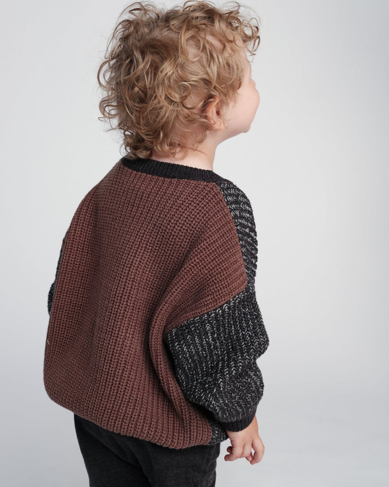 7AM - Long Sleeve Boxy Sweater - Chunky Mother & Baby Olive, Blue 6 - 12M