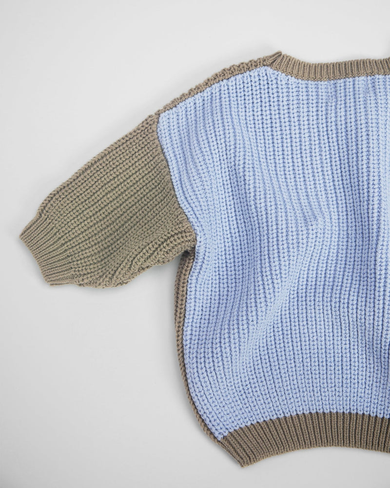 7AM - Long Sleeve Boxy Sweater - Chunky Mother & Baby Olive, Blue 6 - 12M