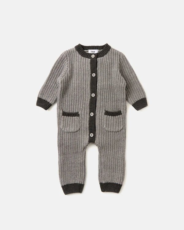 7AM - Long Sleeve Jumpsuit - Chunky Mother & Baby Heather Grey/Black 0 - 3M