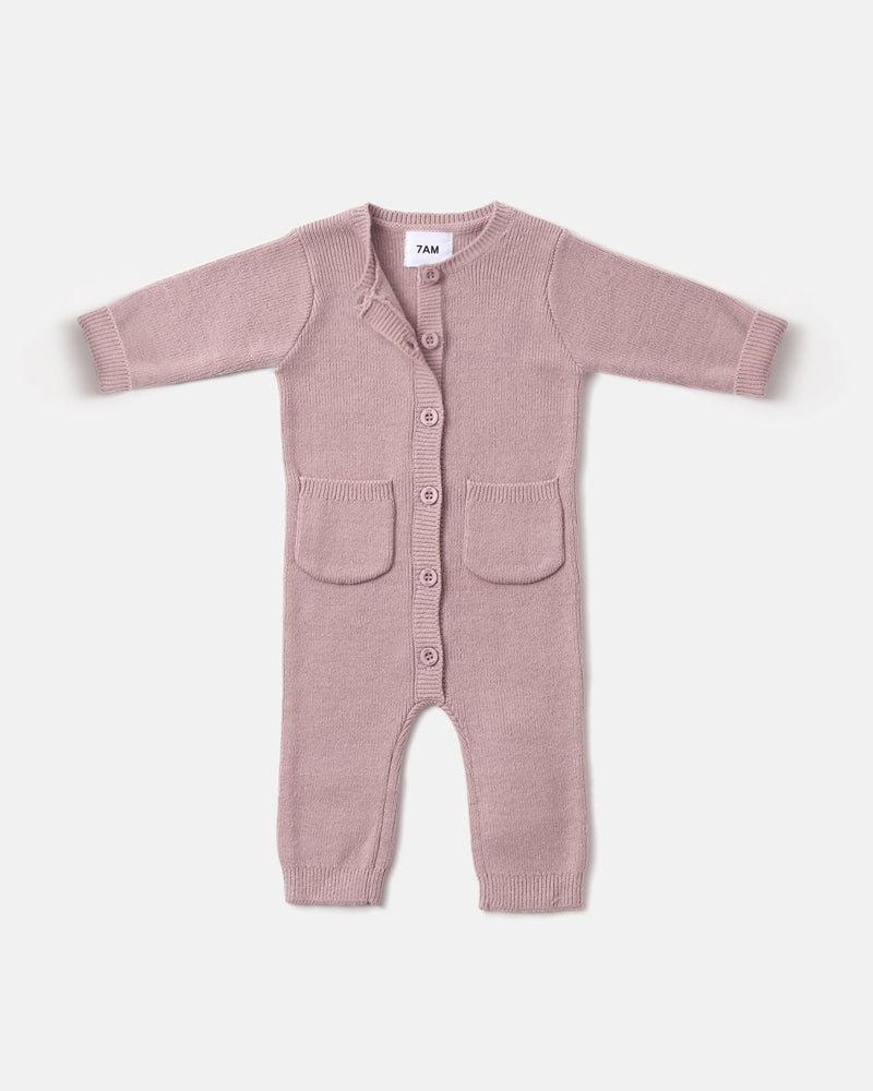 7AM - Long Sleeve Ribbed Jumpsuit - Chunky Mother & Baby Ash Rose 12 - 18M