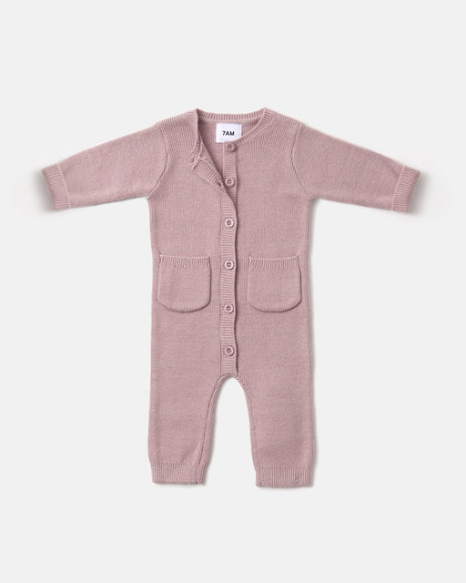 7AM - Long Sleeve Ribbed Jumpsuit - Chunky Mother & Baby Ash Rose 12 - 18M