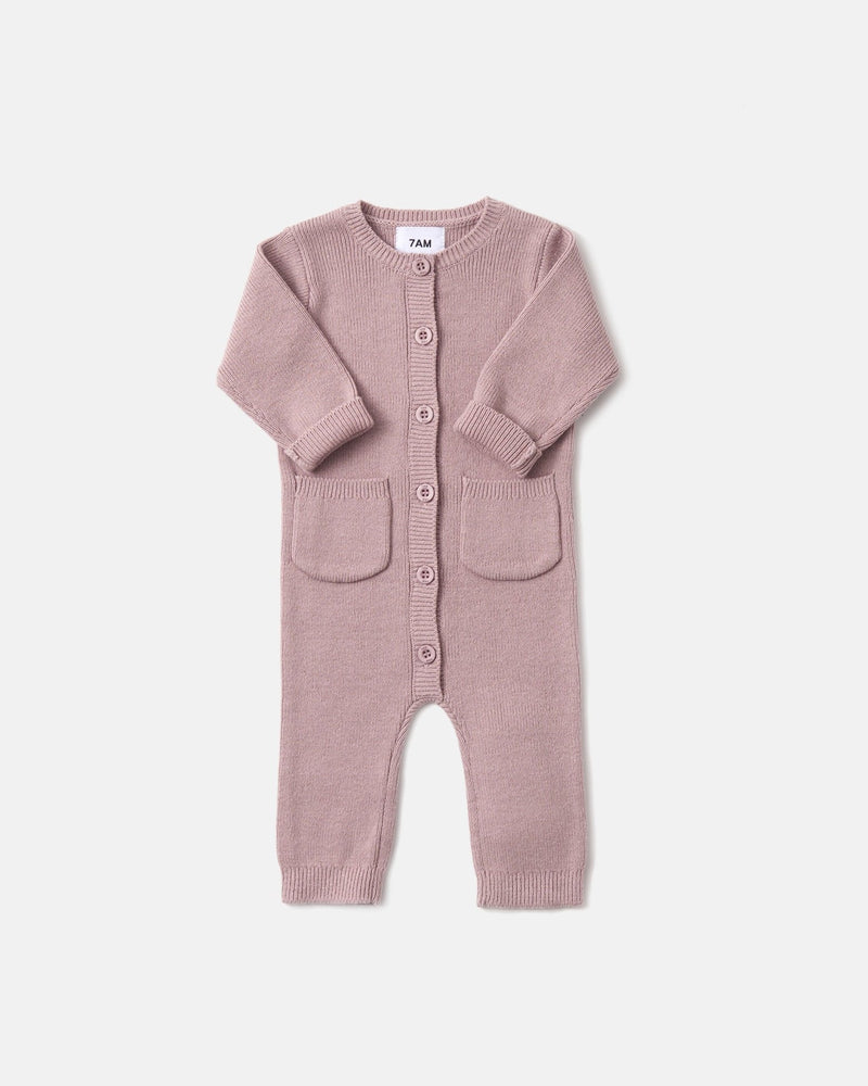 7AM - Long Sleeve Ribbed Jumpsuit - Chunky Mother & Baby Ash Rose 12 - 18M