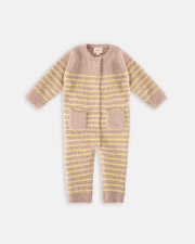7AM - Long Sleeve Striped Jumpsuit - Fuzzy Mother & Baby Pecan & Chartreuse 0 - 3M