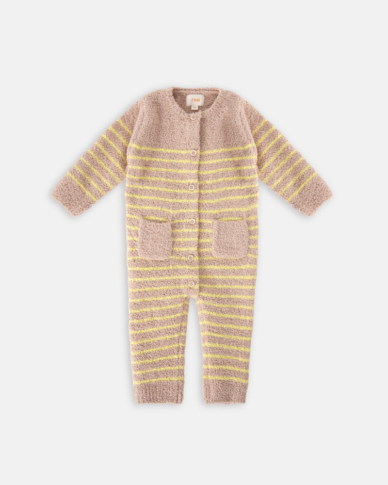 7AM - Long Sleeve Striped Jumpsuit - Fuzzy Mother & Baby Pecan & Chartreuse 0 - 3M