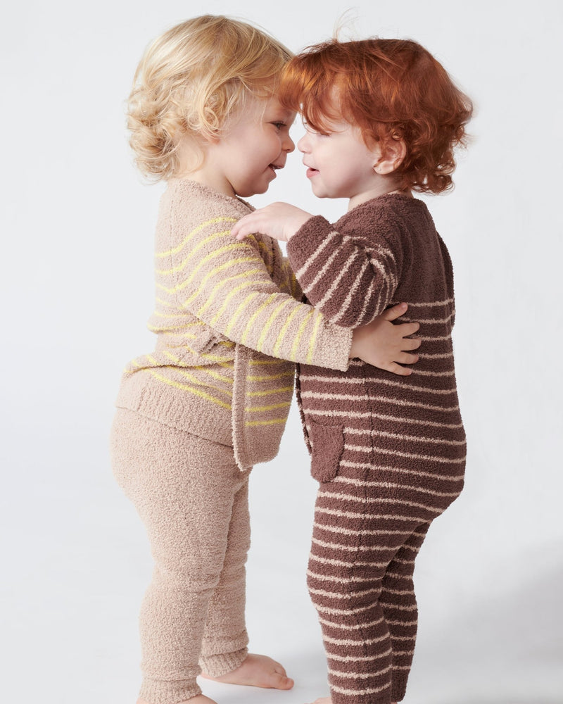 7AM - Long Sleeve Striped Jumpsuit - Fuzzy Mother & Baby Pecan & Chartreuse 0 - 3M