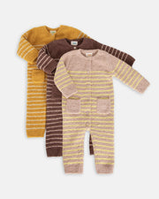 7AM - Long Sleeve Striped Jumpsuit - Fuzzy Mother & Baby Pecan & Chartreuse 0 - 3M