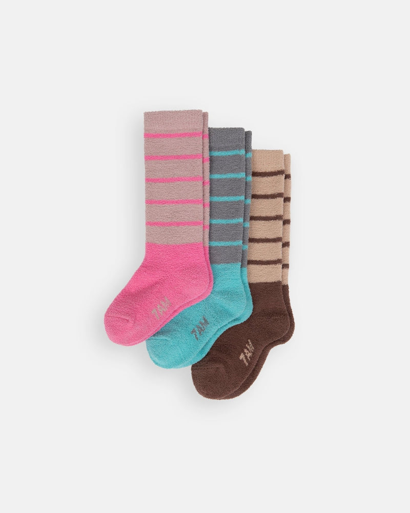 7AM - Long Socks Solid - Fuzzy - 3 pack - Choco & Pecan, Ash Rose & Vivid Pink, Gris & Bright Cyan - 2 - 4T