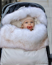 7AM - PlushPOD - Tundra Plush | Infant Lounger and Travel Sleep Pod Mother & Baby Heather Beige - White Faux Fur 0 - 18M