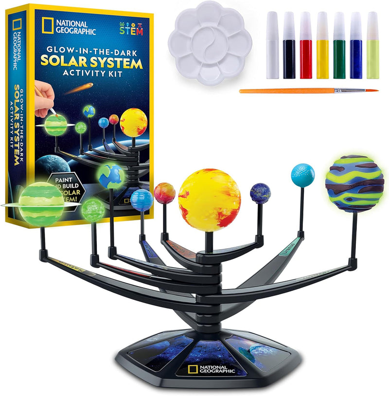 National Geographic - Glow-in-the-Dark Solar System Model Kit — assembled solar system and kit contents.