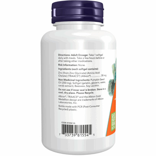 Now - Zinc Glycinate (Bisglycinate Form) 30MG 120GEL