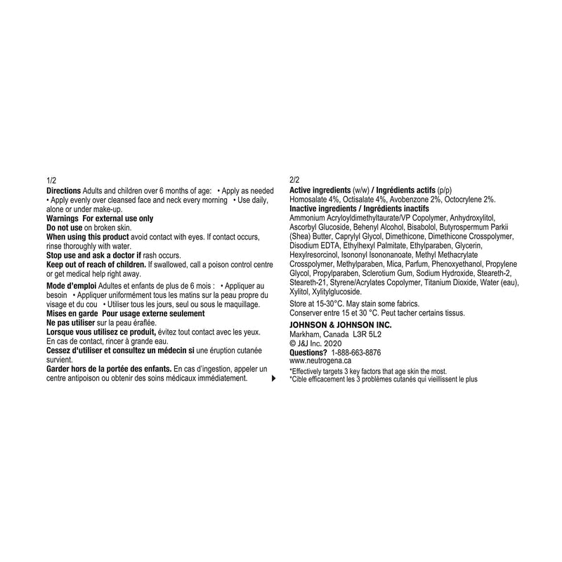 Neutrogena Triple Age Repair – SPF 25 day cream directions and ingredient panel – 48 mL