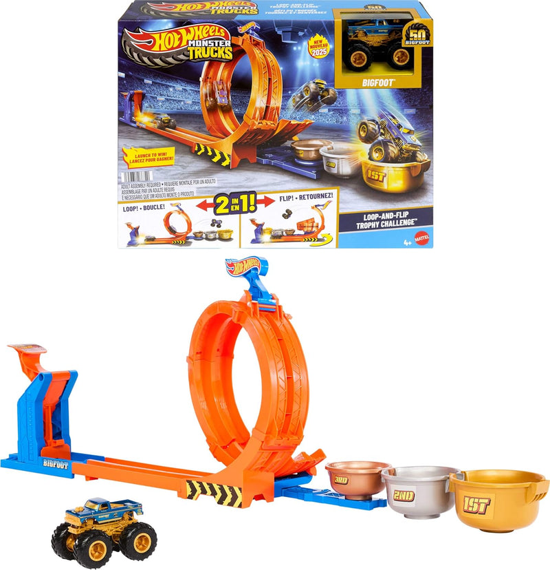 Hot Wheels - Monster Trucks Toy Truck & Track Set, Loop-and-Flip Trophy Challenge Playset