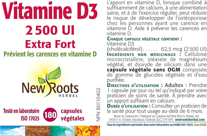 New Roots Herbal - Vitamin D3 2 500?IU Extra Strength - 180 Capsules