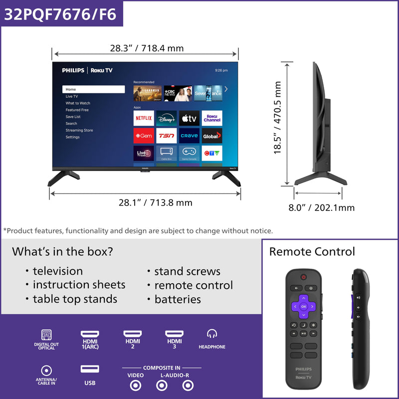 Philips - 7600 Series 32PQF7666/F6 HD QLED Roku TV | 32 in / 81 cm
