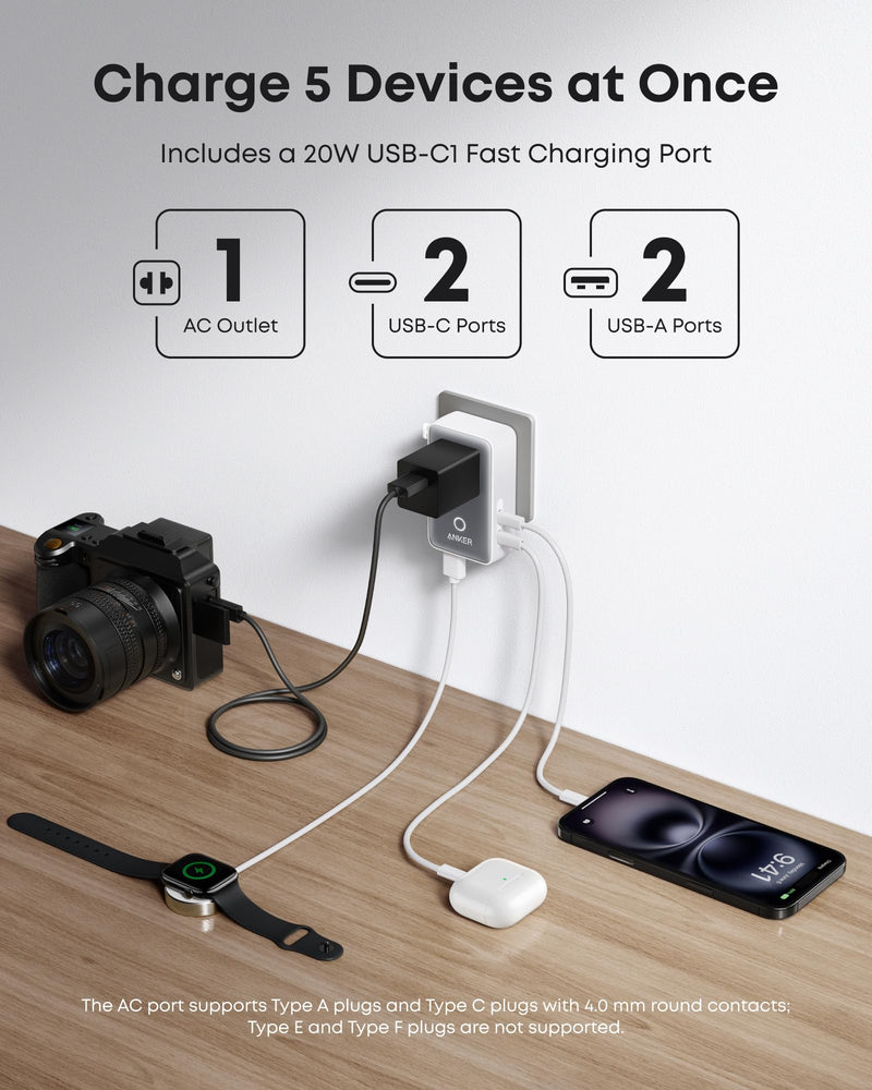 Anker - Nano (A9215) - 5-in-1 20W Travel Plug Adapter - White