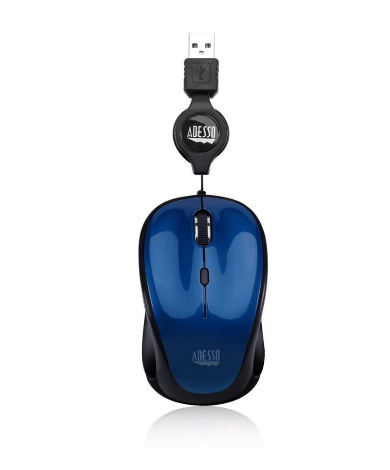 Adesso - Mouse Wired Retractable Cord 2.5FT S8 L 3 Button Up to 1200DPI PC / Mac - Blue