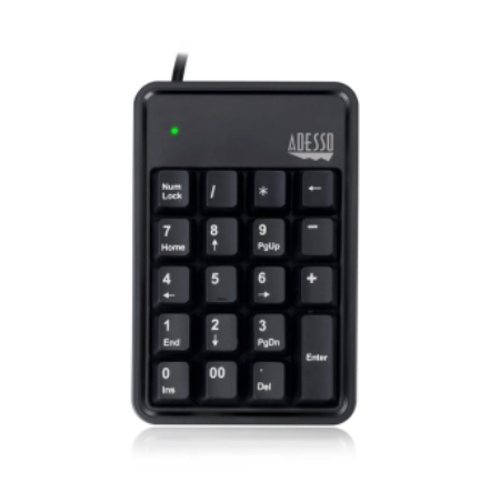 Adesso - Numeric Keypad Wired 19 Keys & 3 Port USB Hub PC / Mac - Black