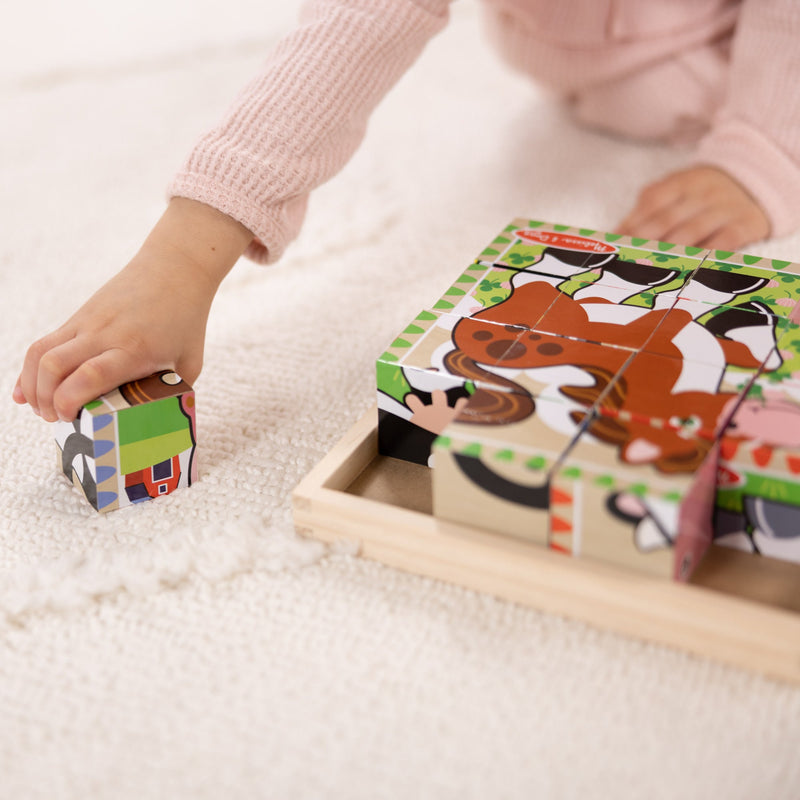 Melissa & Doug - 16-Piece Wooden Cube Puzzle - Farm - in use during play