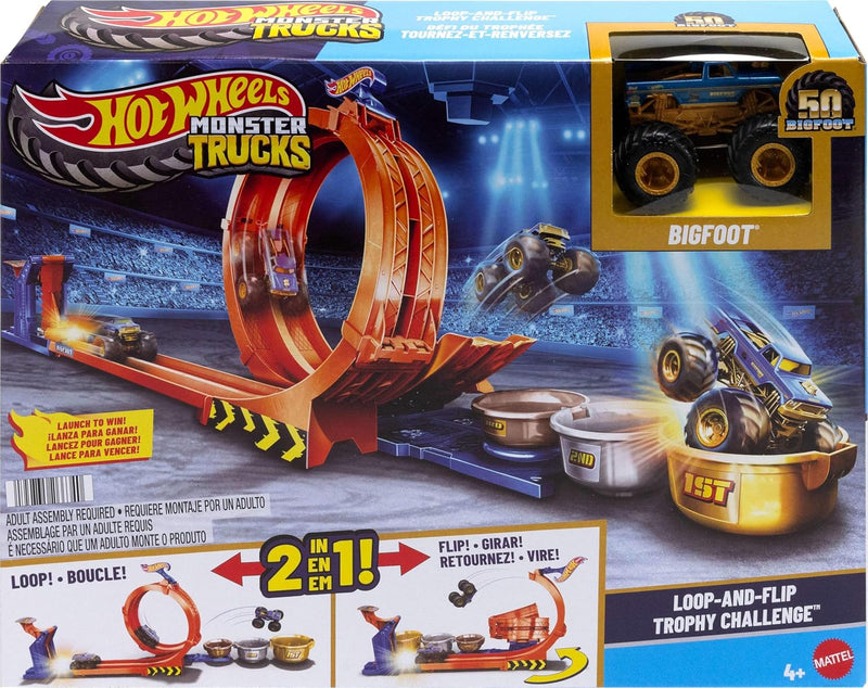 Hot Wheels - Monster Trucks Toy Truck & Track Set, Loop-and-Flip Trophy Challenge Playset
