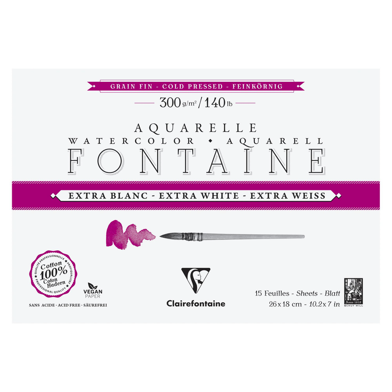 Watercolour glued pad  4 sides Fontaine extra white fine grain 300G 15 sheets (10.2 x 7.1 in)