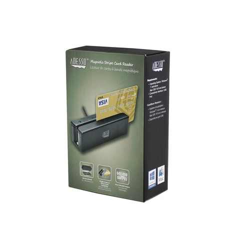 Adesso - Magnetic Stripe Card Reader Bidirectional Single, Dual or Three Track Compatibility PC - Black