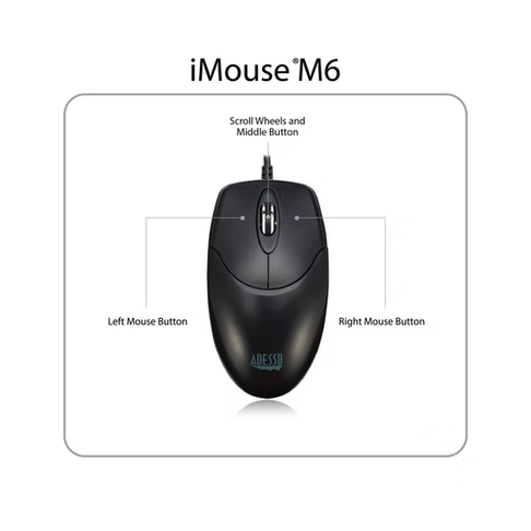 Adesso - Mouse Wired M6 3 Buttons optical scroll up to 1000dpi PC/Mac - Black