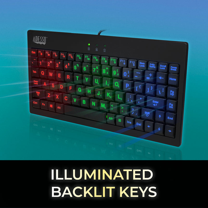 Adesso - Keyboard Wired Mini 3-color Illiminated Backlight  2X Large Print Keys - Black