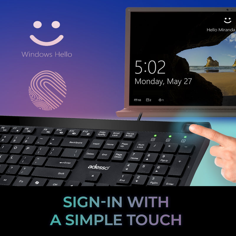 Adesso - Keyboard & Mouse Combo Wired Quiet Switch Low Profile with Fingerprint Reader - Black