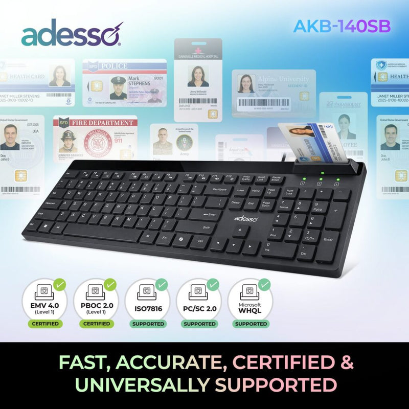 Adesso - Desktop Keyboard with Smart Card Reader -Black