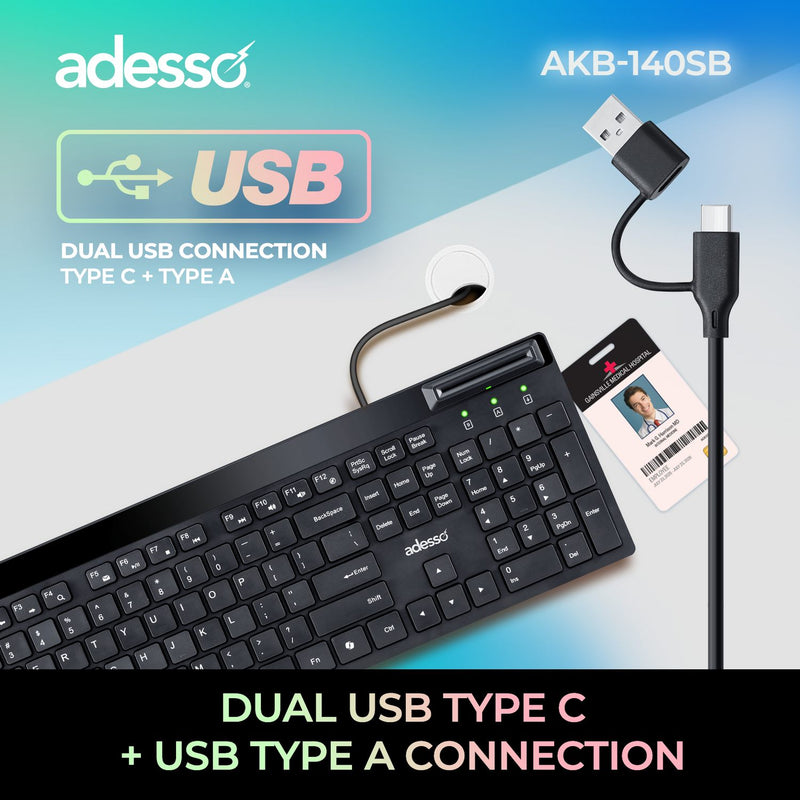 Adesso - Desktop Keyboard with Smart Card Reader -Black