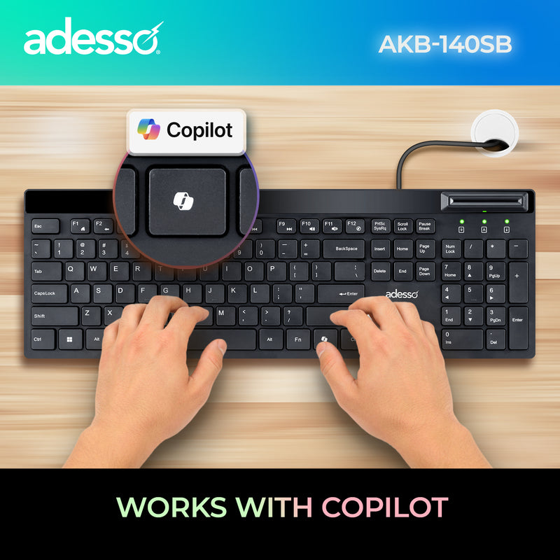 Adesso - Desktop Keyboard with Smart Card Reader -Black