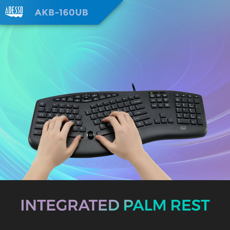 Adesso - Keyboard Wired Tru-Form 160 Ergonomic Multimedia Large Print Integrated Palm Rest Scroll Wheel - Black