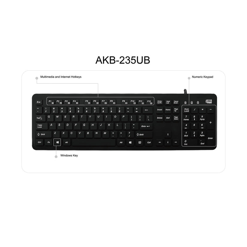 Adesso - Keyboard Wired Antimicrobial Waterproof - Black
