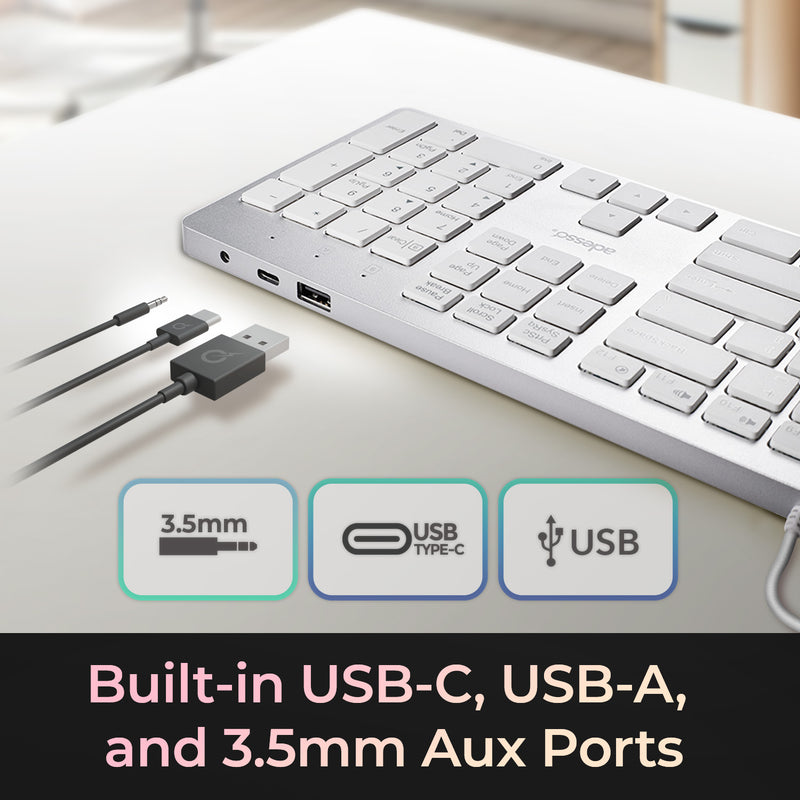 Adesso - Keyboard Wired EasyTouch USB-C Connector Copilot AI Hotkey Built in Hub with USB-A USB-C 3.5mm PC/Mac/Android - White