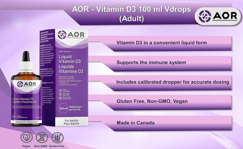 AOR - Vitamin D3 100ml (Adult) - Vdrops - Cholecalciferol Vitamin D3 Liquid Drops - Limolin 