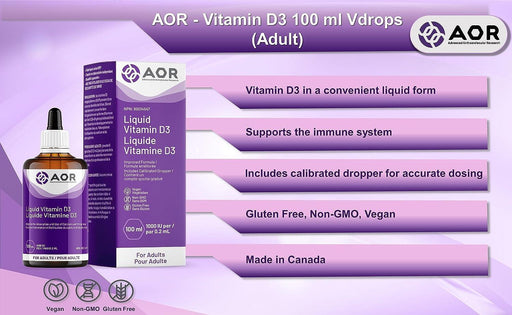 AOR - Vitamin D3 100ml (Adult) - Vdrops - Cholecalciferol Vitamin D3 Liquid Drops - Limolin 