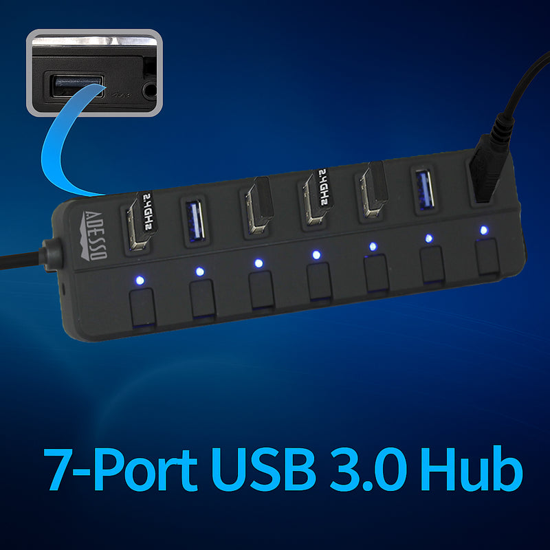 Adesso - Hub 7 Port USB 3.0 Individual Power Switch & LED Indicator Lights Power Adapter Included  PC/Mac - Black