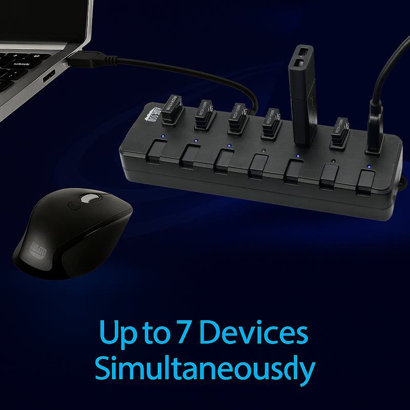 Adesso - Hub 7 Port USB 3.0 Individual Power Switch & LED Indicator Lights Power Adapter Included  PC/Mac - Black