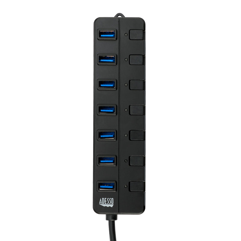 Adesso - Hub 7 Port USB 3.0 Individual Power Switch & LED Indicator Lights Power Adapter Included  PC/Mac - Black