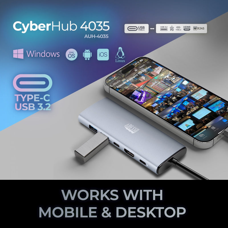 Adesso - 6-IN-1 Docking station, USB C to HDMI, PD, RJ45, 2* USB A, USB C